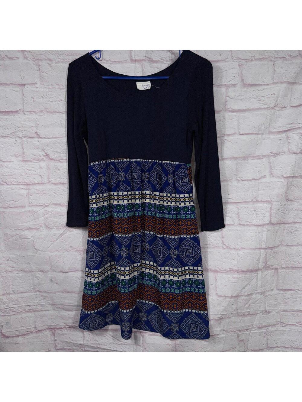 Fantastic Fawn Boho Mixed Print Dress Size Small Navy Blue 3/4 Sleeve Fit Flare